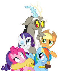 Size: 7326x9000 | Tagged: safe, artist:korsoo, derpibooru import, applejack, discord, pinkie pie, rainbow dash, rarity, draconequus, earth pony, pegasus, pony, unicorn, .svg available, female, frown, group hug, hug, male, mare, one eye closed, simple background, smiling, transparent background, vector, wide eyes