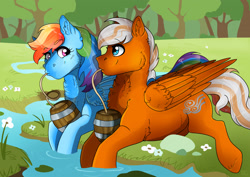 Size: 3035x2150 | Tagged: safe, artist:ali-selle, derpibooru import, rainbow dash, oc, pegasus, pony, chest fluff, commission, forest, illustration, keg, river, straw, stream, tree