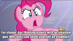 Size: 800x450 | Tagged: safe, edit, edited screencap, screencap, pinkie pie, earth pony, elephant, pony, rarity investigates, the one where pinkie pie knows, bugs bunny, caption, elephant gun, image macro, looney tunes, meme, merrie melodies, rabbit fire, text