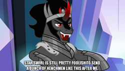 Size: 1280x720 | Tagged: safe, derpibooru import, edit, edited screencap, editor:jaredking203, screencap, king sombra, unicorn, the beginning of the end, caption, crown, curved horn, horn, image macro, jewelry, male, meme, red eyes, regalia, stallion, text