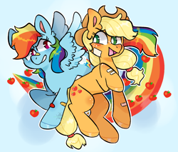 Size: 1102x940 | Tagged: safe, artist:incubugs, artist:mega-bugsly, derpibooru import, applejack, rainbow dash, earth pony, pegasus, pony, apple, bandaid, blue background, food, happy, looking at each other, rainbow, simple background, smiling, white pupils, wings