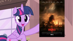 Size: 1280x720 | Tagged: safe, derpibooru import, edit, edited screencap, screencap, twilight sparkle, twilight sparkle (alicorn), alicorn, kaiju, pony, exploitable meme, female, godzilla, godzilla (series), godzilla 2014, looking at you, mare, meme, obligatory pony, poster, solo, twilight poster meme