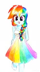 Size: 2322x4128 | Tagged: safe, artist:liaaqila, derpibooru import, rainbow dash, equestria girls, braid, clothes, cute, dashabetes, dress, looking at you, smiling, solo, traditional art