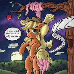 Size: 1536x1536 | Tagged: safe, artist:exedrus, applejack, fluttershy, earth pony, pony, cute, eyes closed, flutterbat, hanging, hug, night, sleeping, smiling, snuggling, thought bubble, underhoof, upside down, zzz