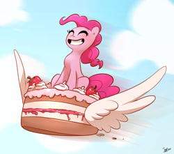 Size: 1428x1262 | Tagged: safe, artist:imalou, pinkie pie, earth pony, pony, cake, flying, smiling, solo, strawberry, wings