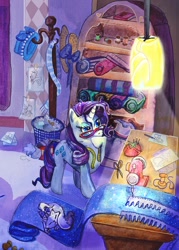 Size: 1000x1400 | Tagged: safe, artist:drknz13, opalescence, rarity, pony, unicorn, duo, fabric, glasses, hat, pin, pincushion, scissors, sewing machine, thread