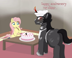 Size: 3378x2721 | Tagged: source needed, safe, artist:jasper, derpibooru import, fluttershy, king sombra, pegasus, pony, baking, blushing, cake, crying, dirty, female, food, male, shipping, sitting, sombrashy, straight