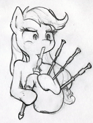 Size: 600x799 | Tagged: safe, artist:gezawatt, applejack, earth pony, pony, bagpipes, monochrome, pencil drawing, sketch, traditional art