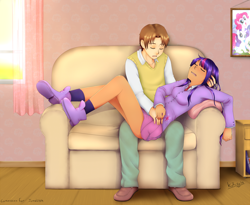 Size: 2300x1884 | Tagged: safe, artist:risukurosaki, derpibooru import, pinkie pie, rarity, twilight sparkle, human, ass, crossover, crossover shipping, humanized, lying down, on back, peter parker, picture frame, sleeping, sofa, spider-man, spiders and magic: rise of spider-mane, spidertwi