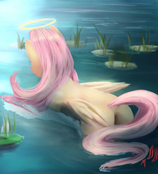 Size: 1000x1100 | Tagged: safe, artist:miokomata, fluttershy, angel, pegasus, pony, female, halo, mare, plot, solo, swimming, water