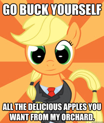 Size: 588x691 | Tagged: safe, applejack, earth pony, pony, alternate hairstyle, buck, clothes, image macro, meme, successful applejack, suit