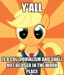 Size: 588x691 | Tagged: safe, applejack, earth pony, pony, advice meme, alternate hairstyle, clothes, exploitable meme, female, image macro, mare, meme, successful applejack, suit, y'all