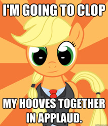 Size: 588x691 | Tagged: safe, applejack, earth pony, pony, alternate hairstyle, clothes, grammar error, image macro, meme, successful applejack, suit