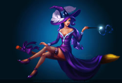 Size: 1500x1021 | Tagged: safe, artist:alkven, rarity, human, bare shoulders, breasts, broom, cleavage, female, flying, flying broomstick, hat, high heels, humanized, looking at you, magic wand, nail polish, shoes, solo, wand, witch, witch hat