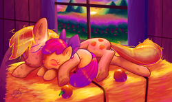 Size: 1920x1136 | Tagged: safe, artist:halem1991, apple bloom, applejack, earth pony, pony, adorabloom, apple, applebetes, cute, jackabetes, sisters, sleeping, snuggling