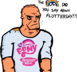 Size: 500x465 | Tagged: safe, fluttershy, human, brony, brony stereotype, censored, clothes, dirty, humanized, merchandise, muscles, my little pony logo, rainbow, solo, t-shirt, text, vulgar