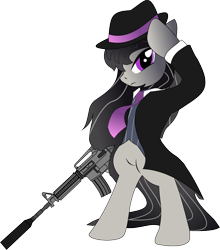 Size: 1146x1300 | Tagged: safe, artist:shysolid, octavia melody, earth pony, pony, ar15, bipedal, clothes, gun, mafia octavia, rifle, suit, suppressor, weapon, who needs trigger fingers