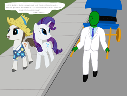 Size: 3048x2304 | Tagged: artist needed, safe, hondo flanks, rarity, oc, oc:anon, human, pony, 4chan, carriage, clothes, dialogue, drawthread, eye contact, father and child, father and daughter, female, hat, looking at each other, male, mare, necktie, open mouth, pants, parent and child, rickshaw, shirt, shoes, smiling, speech bubble, stallion, straw hat, suit, unshorn fetlocks