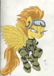 Size: 2239x3161 | Tagged: safe, artist:drizziedoodles, derpibooru import, spitfire, armor, clothes, crossover, halo (series), high res, solo, spartan, traditional art