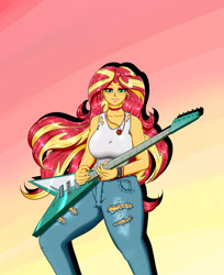 Size: 2200x2700 | Tagged: safe, artist:albertbm, sunset shimmer, equestria girls, breasts, clothes, digital art, electric guitar, female, guitar, musical instrument, smiling, solo, sunset jiggler