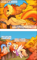 Size: 1300x2100 | Tagged: safe, artist:spittfireart, derpibooru import, misty fly, spitfire, surprise, pegasus, pony, :o, autumn, camouflage, clothes, comic, flying, leaves, open mouth, palindrome get, prone, scarf, smiling, spread wings, sweater, tree, turtleneck, underhoof