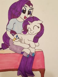 Size: 1512x2016 | Tagged: safe, artist:iffoundreturntorarity, rarity, pony, equestria girls, bed, cute, duo, human ponidox, raribetes, self ponidox, traditional art