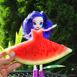 Size: 1080x1080 | Tagged: safe, rarity, human, equestria girls, doll, food, irl, irl human, official, photo, solo, toy, watermelon