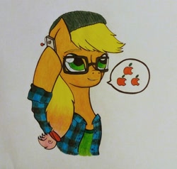 Size: 1024x974 | Tagged: safe, artist:melodymiiau, applejack, earth pony, pony, beanie, female, glasses, hat, hipster, ipod, mare, solo, speech bubble, traditional art