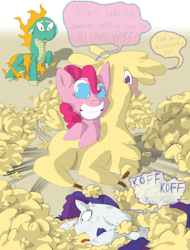 Size: 1024x1347 | Tagged: safe, artist:firefanatic, paprika paca, pinkie pie, rarity, tianhuo, alpaca, earth pony, longma, pony, unicorn, them's fightin' herds, community related, coughing, crossover, floppy ears, fluffy, pun, sweatdrop