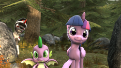 Size: 1920x1080 | Tagged: safe, artist:thephotographyguy, derpibooru import, king sombra, spike, twilight sparkle, twilight sparkle (alicorn), alicorn, dragon, pony, unicorn, 3d, forest, source filmmaker, tree, winged spike