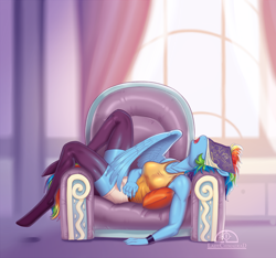 Size: 1204x1125 | Tagged: safe, artist:ladychimaera, rainbow dash, anthro, pegasus, unguligrade anthro, armchair, book, chair, clothes, female, mare, nail polish, open mouth, shorts, sleeping, socks, solo, stockings, tanktop, thigh highs