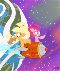 Size: 1024x1204 | Tagged: safe, artist:dfectivedvice, artist:midnightblitzz, applejack, pinkie pie, earth pony, pony, :p, cute, funny, mouth hold, rocket, space, vector