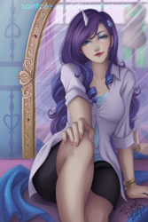 Size: 792x1188 | Tagged: safe, artist:saintprecious, rarity, human, female, horned humanization, humanized, lipstick, looking at you, mirror, nail polish, reflection, solo