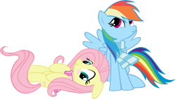 Size: 1875x1060 | Tagged: safe, artist:muhmuhmuhimdead, derpibooru import, fluttershy, rainbow dash, pegasus, pony, blushing, clothes, female, flutterdash, lesbian, mare, on back, scarf, shipping, simple background, transparent background, vector, wings