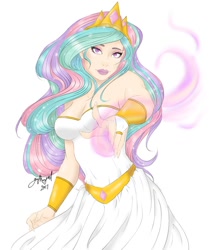 Size: 1024x1223 | Tagged: safe, artist:gothangel0729, princess celestia, human, breasts, clothes, crown, dress, female, humanized, jewelry, looking at you, magic, regalia, simple background, solo, white background