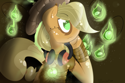 Size: 5000x3344 | Tagged: safe, artist:llamaswithkatanas, applejack, earth pony, pony, clothes, fire, glow, headphones, solo