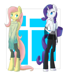 Size: 800x900 | Tagged: safe, artist:patty-plmh, fluttershy, rarity, pegasus, pony, semi-anthro, unicorn, clothes, simple background