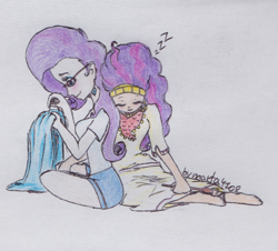 Size: 1212x1098 | Tagged: safe, artist:marta4708, rarity, saffron masala, human, female, humanized, lesbian, raffron, shipping, sitting, sleeping, spoon, traditional art