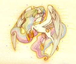 Size: 1024x864 | Tagged: safe, artist:oneiria-fylakas, princess celestia, alicorn, pony, flying, solo, traditional art