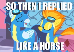 Size: 388x277 | Tagged: safe, derpibooru import, edit, edited screencap, screencap, soarin', spitfire, horse, caption, grand galloping gala, horses doing horse things, hungry, image macro, meme, pie, wonderbolts