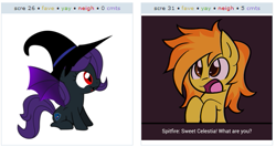 Size: 527x280 | Tagged: safe, derpibooru import, spitfire, oc, oc:nyx, alicorn, pony, alicorn oc, derpibooru, exploitable meme, juxtaposition, juxtaposition win, meme, meta