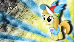 Size: 2560x1440 | Tagged: safe, artist:aloopyduck, artist:midnight--blitz, derpibooru import, noi, earth pony, pony, abstract background, female, filly, hat, rainbow dash hat, smiling, solo, wallpaper