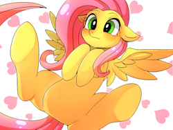 Size: 800x600 | Tagged: safe, artist:hosikawa, fluttershy, pegasus, pony, blushing, heart, on back, solo