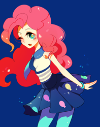 Size: 1592x2021 | Tagged: safe, artist:saiduki, pinkie pie, human, equestria girls, friendship games, blue background, cute, diapinkes, female, looking at you, outfit catalog, pixiv, simple background, solo, wink