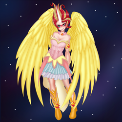 Size: 2835x2835 | Tagged: safe, artist:anonix123, sunset shimmer, angel, human, equestria girls, beautiful, breasts, cleavage, clothes, cute, daydream shimmer, dress, female, fingerless gloves, gloves, glowing horn, high res, horn, human coloration, humanized, looking at you, night, skirt, smiling, solo, stars, sunset jiggler, wings