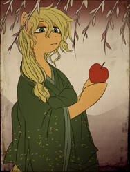 Size: 615x820 | Tagged: safe, artist:umeguru, applejack, earth pony, pony, semi-anthro, apple, blonde, hatless, kimono (clothing), missing accessory, solo