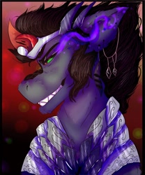 Size: 1080x1296 | Tagged: safe, artist:thewerewolfbrony, derpibooru import, king sombra, pony, unicorn, abstract background, bust, curved horn, horn, male, smiling, solo, sombra eyes, stallion