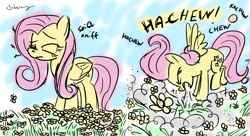 Size: 1024x558 | Tagged: safe, artist:silverwing, fluttershy, pegasus, pony, color, comic, female, flower, sneeze cloud, sneezing