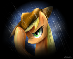 Size: 1212x974 | Tagged: safe, artist:pinkrose2001, applejack, earth pony, pony, nose wrinkle, rain, solo, wet, wet mane