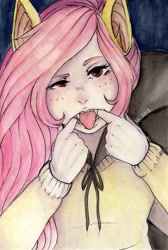 Size: 733x1091 | Tagged: safe, artist:gwen2ly, fluttershy, bat pony, human, clothes, eared humanization, fangs, flutterbat, humanized, solo, sweater, sweatershy, traditional art